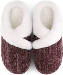 Women's Fuzzy Slip-On Slippers Indoor And Outdoor Use, Comfy Foam, Anti-Skid Rubber Hard Sole - Burgundy - View 1