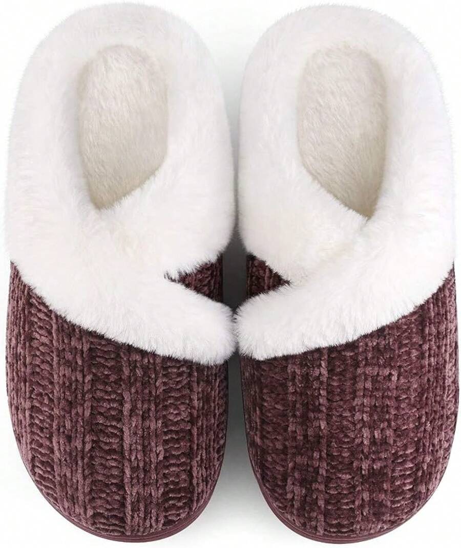 Women's Fuzzy Slip-On Slippers Indoor And Outdoor Use, Comfy Foam, Anti-Skid Rubber Hard Sole - Burgundy - View 1