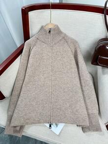 Wixra Korean Loose Knit Cardigan, Stand Collar Raglan Sleeve, Two-Way Zipper Design, Collegiate Style Top, Essential For Layering In Autumn/Winter - Camel - View 2