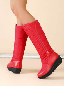 Women's Fuzzy Faux Fur Winter Snow Boots Fashion Platform Wedges Heel Pull On Waterproof Casual Comfy Knee High Boots Woman - Đỏ A - Xem 4