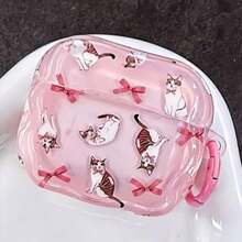 Cute Cat & Bow Design Transparent Bluetooth Earphone Case, Pink Apple & Dream Blue