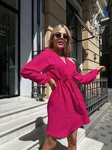 Women's Solid Color Casual Elegant Knotted Drawstring Maxi Dress, Suitable For Vacation, Party, Date, Autumn