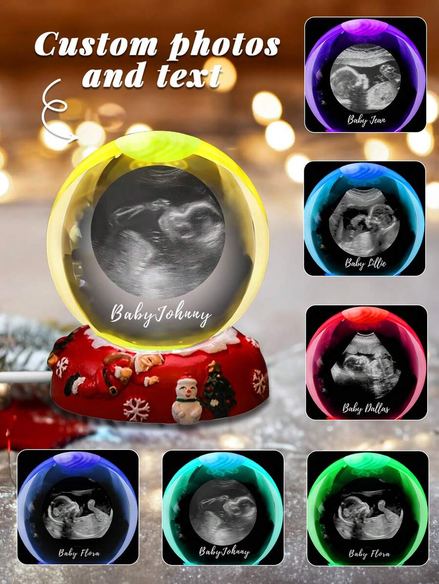 1pc Personalized Christmas Family Photo Crystal Ball Night Light - Customizable Multi-Photo & Text Engraving With 3D Holographic Effect, Multi-Color LED Base Creating Warm Holiday Glow.