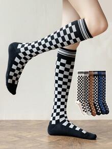 1 Pair Women's Autumn/Winter Warm Knee,High Socks, Checkerboard Pattern, Versatile &, Cozy Socks - Multicolor - View 2