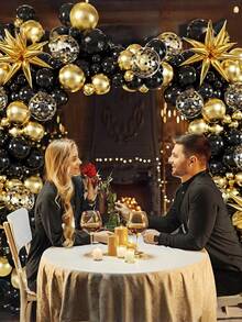 121 pièces/set Kit d'arche de guirlande de ballons noirs et dorés, ballons confettis noirs et dorés avec étoiles, pour la décoration de fête du Nouvel An, d'anniversaire, de mariage