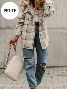 Petite Women Button Front Plaid Print Long Sleeve Pocket Casual Jacket, Daily Casual Wear Women Shirt,Long Sleeve Tops Fall Cloth For Women - Khaki - View 2