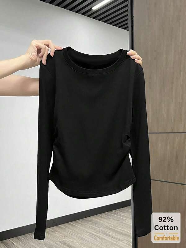 Women's Cotton Long Sleeve T-Shirt, Black, Versatile & Slimming, Autumn/Winter Undershirt