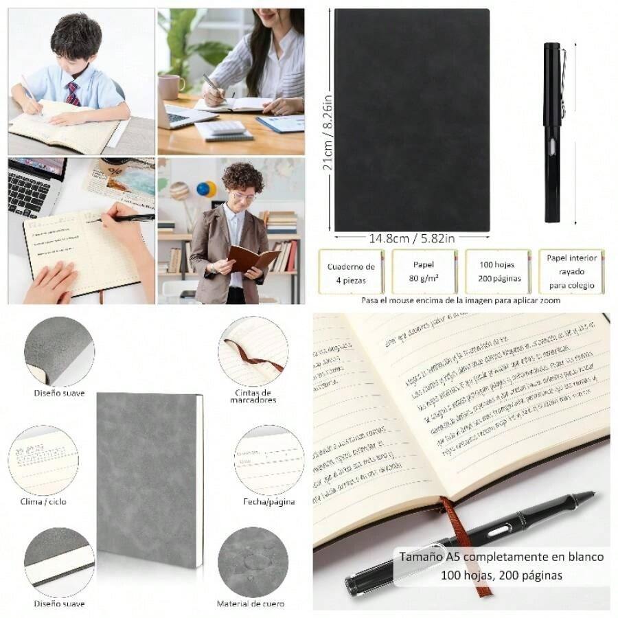 3 Cuaderno Tapa Dura A5 con 3 Bolgrafos, Perfecto para Escribir, Tomar Notas, Dibujar y Llevar un Diario. El Regalo Perfecto para la Escuela y el Trabajo Negro+ Gris+ Azul+ 3 Bolgrafos - Negro + Gris + Marrón + 3 Bolígrafos - Ver 1