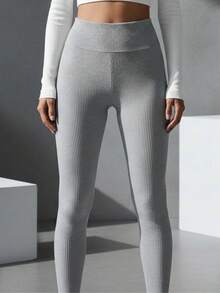 Calça Legging De Academia Fitness em Malha Canelada – Cintura Alta, Sem Costura e com Alta Elasticidade - Cinza - Visão 2