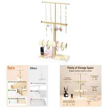 Jewelry Organizer Stand With Velvet Bracelet Holder, 3 Tier Sturdy Hangers, Watches, Rings, Earrings, Adjustable Tall 17.1 Gold Metal Jewelry Tower Women