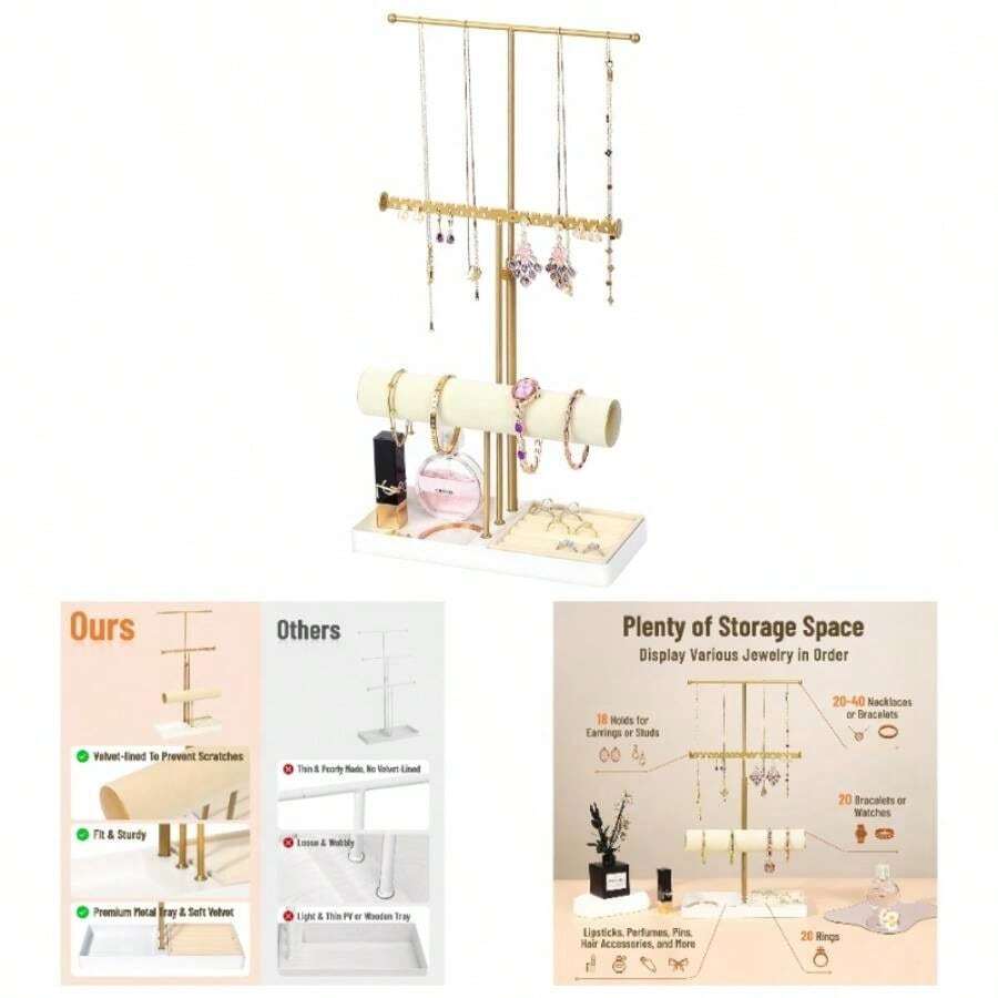 Jewelry Organizer Stand With Velvet Bracelet Holder, 3 Tier Sturdy Hangers, Watches, Rings, Earrings, Adjustable Tall 17.1 Gold Metal Jewelry Tower Women