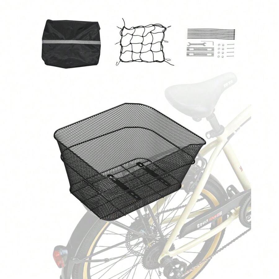 Durable Wire Mesh Rear Bike Basket With Cargo Net & Waterproof Cover ...