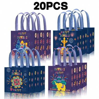 20 pièces Sacs fourre-tout pour la fête de Diwali | Sacs fourre-tout non tissés avec fond et côtés moulés, pour les cadeaux et les faveurs de la fête de Diwali, ensemble pour la fête de célébration de Diwali
