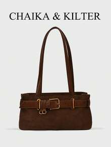 CHAIKA & KILTER 1pc Solid Color Suede-Like Fabric With PU Leather Shoulder Bag, Women's Vintage Fashion Hobo Bag With Strap Decor, Zipper Closure, Dual Handles, Suitable For Daily Use , Office Bag - Coffee - View 6