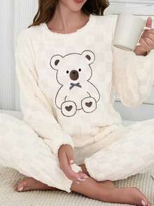 2件套女士珊瑚绒爱心熊蝴蝶结格子长袖长裤蓬松睡衣套装，保暖舒适冬季睡衣，理想礼物，秋冬服装 - 白色 - 查看 6