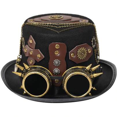 Cappello da festa in maschera, cappello decorativo unisex, cappello a cilindro steampunk con rivetti e cintura, occhiali gotici, cappello vintage pesante, cappello da spettacolo teatrale