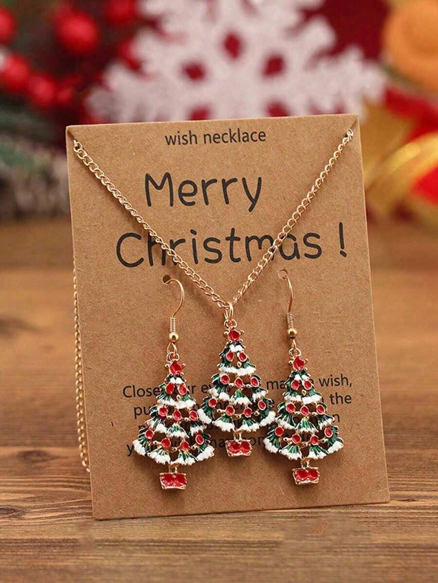 2/3 piezas Conjunto de joyería navideña para mujer con colgante y aretes de muñeco de nieve, árbol de Navidad, calcetín navideño, copo de nieve (con tarjeta de felicitación), aretes sin tarjeta