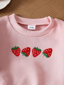 2 Stücke Baby Mädchen Erdbeere Stickerei Thermisch gefütterte Sweatshirt und Hose Set, süße Vintage Streetwear für Outdoor-Aktivitäten