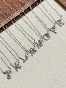 1 Peça Colar Pingente com Letra Inglesa Geométrica Criativa Incrustada com Zircônia Cúbica de Cobre, Joia Personalizada com Tema de Letra na Moda para Combinação Requintada