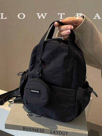 low tea 1pc Low Tea Solid Color Nylon Backpack, Unisex Multi-Function Handbag/Shoulder Bag Suitable For College Students, Zipper Closure, Daily Use (Includes Coin Pouch), Fashion Bookbag With Pencil Pouch, School Backpack