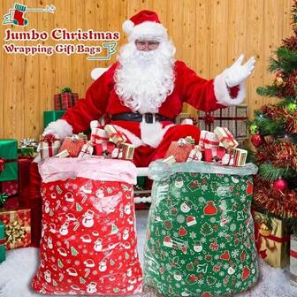 3 Oversized Christmas Gift Bags - Giant 91.44x142.24cm Heavy-Duty Plastic Santa Claus And Snowflake Party Bag With Red And Gold Bows, White Dots - Suitable For Large Gifts, Trees, Door Decorations - Suitable For Christmas, New Year, Birthday Party Packaging And Decoration