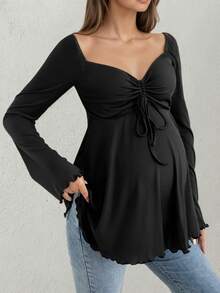 孕妇甜心领罗纹抽绳喇叭下摆钟形袖衬衫