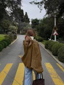 Women Casual Street Fashion Turndown Collar Jacket Vintage Long Sleeve Zipper Loose Coat - Brown - View 3