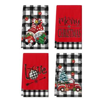 4 件圣诞主题，红色格子卡车印花超细纤维高吸水洗碗巾，清洁布，厨房毛巾，洗碗布，柔软吸水，厨房装饰，厨房必需品淋浴毛巾，适用于美容沙龙、酒店运动、家庭必需品、毛巾、皮肤护理