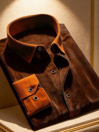 2025 男士衬衫推荐，灯芯绒面料男士时尚商务休闲衬衫，长袖纽扣衬衫，办公穿着，日常穿着，抗皱，速干，不透光面料，质地光滑，经典领型设计，通勤-商务-派对街头风格-高品质缝纫，上衣，假日推荐。