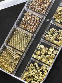 12 Grids Half Round Gold+Silver Pearls Nail Charms Metallic Flat-Back Beads Ball Mixed Size Nail Pearls Nail Gems Nail Supplies Nails - 彩色 - 查看 3