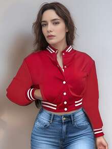Women's Solid Color Single-Breasted Jacket Baseball Sports Windbreaker, European And American Style, Spring And Autumn - Red and White - View 4