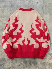 ANDREILEE Autumn/Winter Men's Casual Loose Solid Color Ribbed Flame Pattern Retro Streetwear Distressed Design Button V-Neck Cardigan Knit Long Sleeve Jacket - Red - View 3