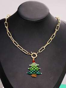 Green Handmade Beaded Christmas Tree With Golden Bubble Clasp Necklace, Elegant Christmas Gift, Shiny Party Jewelry