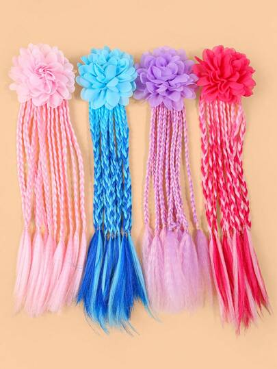 1 Piece Colorful Flower Braided Hair Extensions With Elastic Hair Ties, Synthetic Hairpieces For Girls, Hair Accessories For Party, Costume & Daily Wear