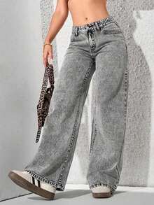 Teen Girl's Fashionable Versatile Pocketed Casual Wide-Leg Jeans - Grey - View 6