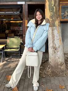 短款加厚高端畅销羽绒服，适合娇小女性，冬季穿着 - 淺藍色 - 查看 9