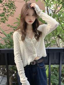 女士休闲V领蕾丝拼布长袖开衫，杏色，甜美温柔优雅，秋冬 - 杏色 - 查看 3