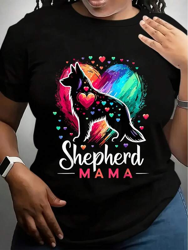 Shepherd Mama German Shepherd Dog Mom T-Shirt - Colorful Heart & Paw Print Graphic, 100% Cotton Slightly Elastic Unisex Casual Round Neck Tee, Machine Washable, Sizes S-XXXL