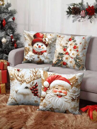 4pcs/1pc Christmas Party Decor Pillow Covers - Snowman, Santa Claus, Reindeer And Holiday Floral Patterns, Festive Cushion Covers, 18x18 Inches | Zipper Closure | Bright Colors Polyester Material | For Living Room, Room Decoration, Sofa And Bedroom (Filling Not Included) Great For Christmas Decorations, Christmas Party, Bedroom Decor, Christmas 2025, Home Decor