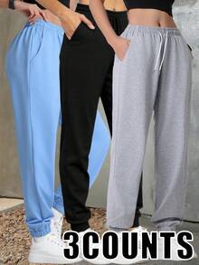 3Pcs Women'S Solid Color Lightweight Elastic Waist Sports Jogger Pants, Casual Solid Color Trousers With Pockets, Suitable For Running, Hiking, Graduation, Back To School, Fitness, Ideal Gift Tights - 彩色 - 查看 4