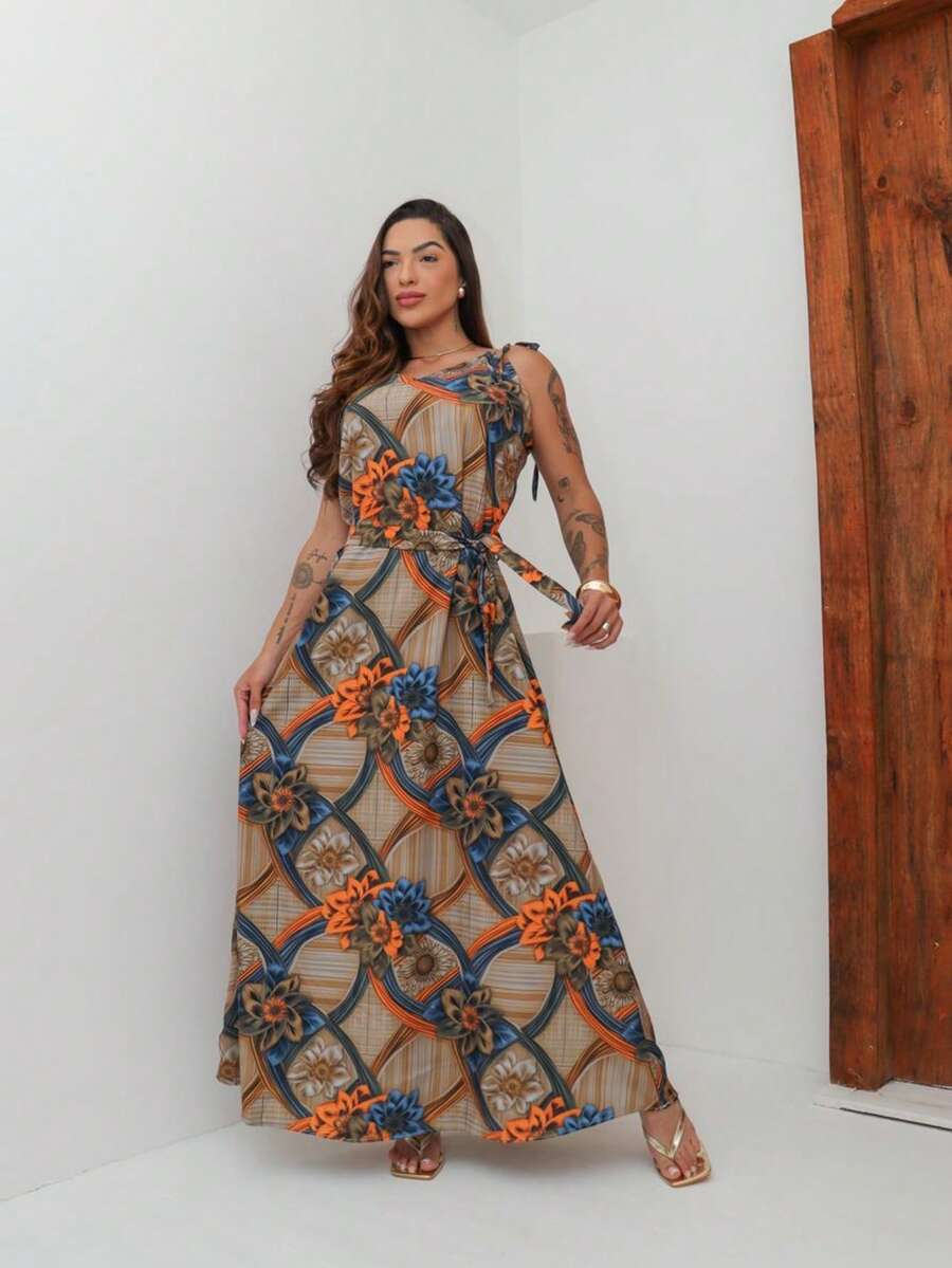 vestido feminino elegante ombro a ombro verao praia estampa 3D leve moda tendencia - Azul Royal - Visão 1