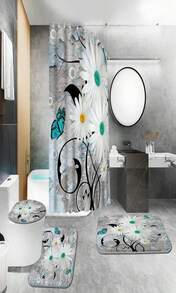 ENYORSEL Blue Bathroom Sets With Shower Curtain And Rugs, 4 Piece Geometric Bathroom Shower Curtain Set With Rugs, Incl Shower Curtain With 12 Hooks, Bath Mat, U-Shaped Floor Mat, Toilet Lid Oval Rug