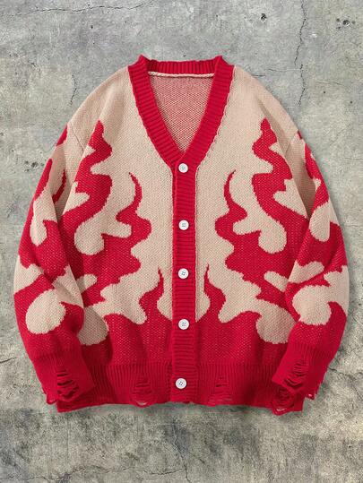  Áo khoác cardigan nam dài tay Andreilee dáng rộng, màu trơn, họa tiết ngọn lửa, kiểu dáng cổ điển, cài nút, cổ chữ V, thích hợp cho mùa thu/đông.