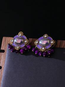 1 par de pendientes de estilo vintage palaciego para mujeres, con forma ovalada, decoración de flor dorada y diseño con borlas, detalles elegantes y románticos, adecuados para uso diario, ocasiones formales, fiestas y galas
