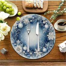 4/6/8 pièces Sets de table de Noël - Série bleue d'hiver de Noël, sapin de Noël, couronne, Père Noël, motif floral, sets de table, lavage à la main uniquement, décoration de table à dîner ronde d'hiver, décoration de cuisine et de salle à manger pour fête - 36 cm