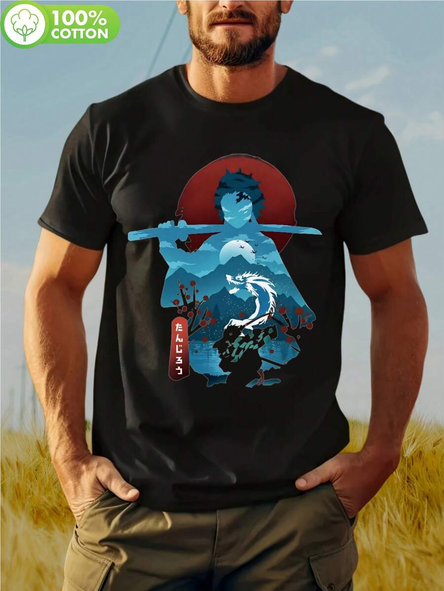 Maglietta grafica da uomo a maniche corte con tema anime, collo a equipaggio, 100% cotone traspirante, leggera e comoda per lavoro o uso casual, lavabile in lavatrice. Maglietta grafica da uomo con guerriero samurai anime, a maniche corte, collo a equipaggio, ideale per abbigliamento casual e appassionati di anime. Maglietta anime, regalo perfetto per Natale, vacanze e Ognissanti per uomo. - nero - Visualizzare 1
