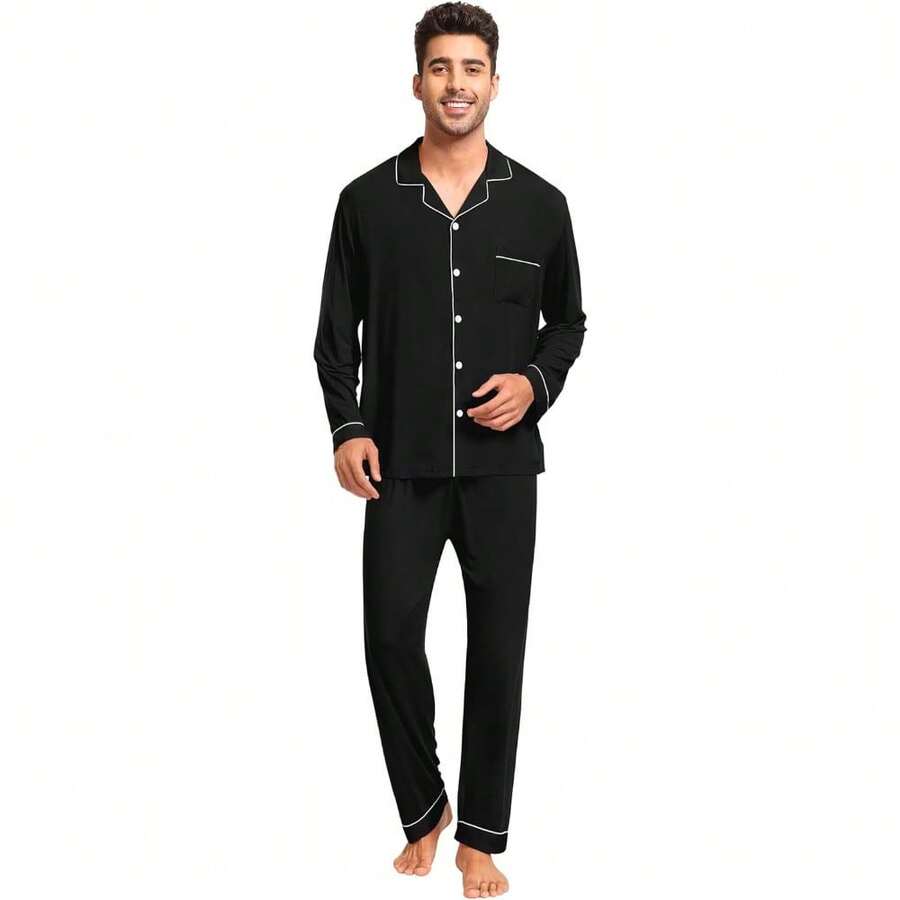 Men Pajamas Set Comfy Modal Pjs Button Down Sleepwear 2 Piece Long Sleeve Lounge Set Soft Nightwear With Pockets