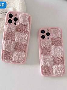 Custodia per telefono in silicone TPU con patchwork in peluche e plaid, antiurto e anti-graffio, finitura opaca morbida, compatibile con 11/12/13/14/12 Pro Max/16 Pro/15/X/XR/7/8Plus, protezione per obiettivo, accessori fai-da-te, regalo per Ognissanti, Natale, autunno/inverno