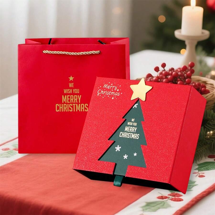Present Box For Christmas Wrapping Letters Prints Glitter Storage Box - Red - View 1