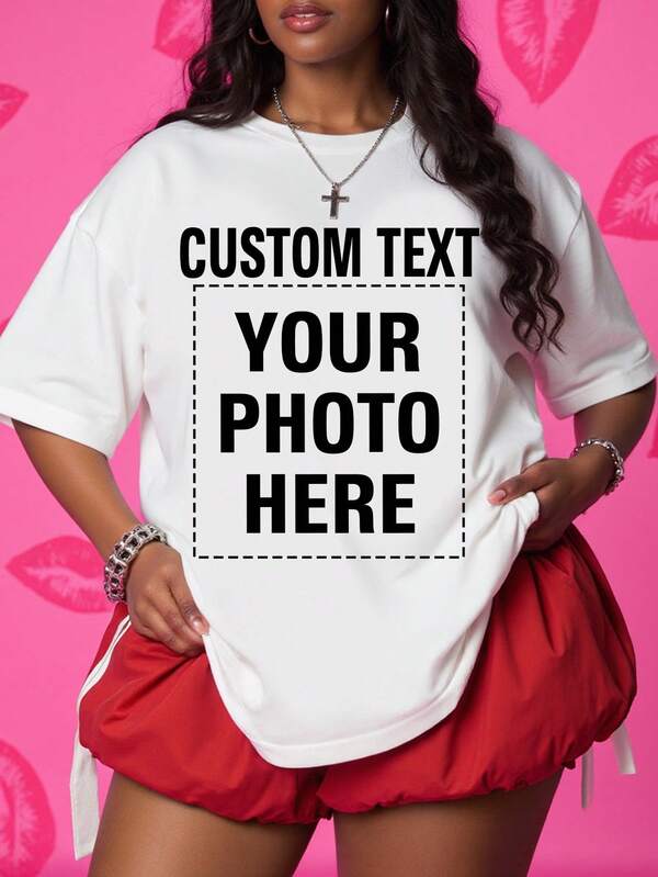 Personalisiertes Weihnachts-Grafik-Text-T-Shirt für Damen in Große Größen, personalisiertes weißes T-Shirt für Damen in Große Größen, lade dein Foto von Freund/Familie/Selfie/Gruppenaufnahme/Landschaft/Haustier/Logo hoch, Teamuniform-Anpassung, Geburtstag/Valentinstag/Weihnachten/Muttertag/Party-Jahrestag/Geburtstags-Foto-Anpassung, Weihnachtskleidung, Damen Lässig Loose Fit Rundhalsausschnitt Kurzarm T-Shirt in Große Größen, personalisierte weiße Bluse, Geburtstagsgeschenk-Anpassung, Partygeschenk, Kulturshirt, Damen Sportbekleidung in Große Größen, personalisiertes T-Shirt in Große Größen